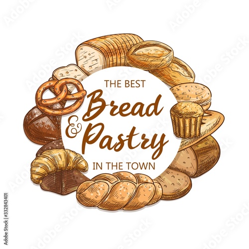 Bread and pastry, vector food of bakery and pastry shop. Wheat baguette, croissant and cereal bread loaves, sandwich toasts, burger bun and cupcake or muffin, German pretzel and Jewish challah