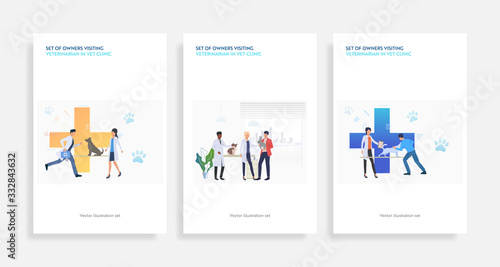 Set of owners visiting veterinarian in vet clinic. Flat vector illustrations of people and pets in vet clinic. Pet treatment, animal care concept for banner, website design or landing web page