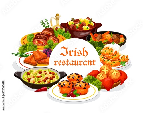 Irish restaurant food with vector dishes of vegetable, meat and fish with dessert. Irish stews with beef, rabbit and lamb, potato pancakes and colcannon, salmon, cabbage salad, soda bread and cupcakes