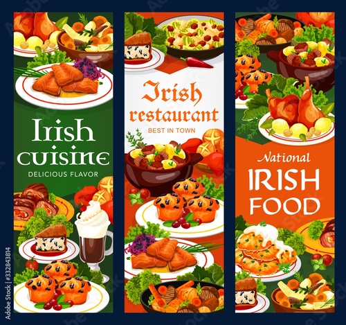 Fototapeta Naklejka Na Ścianę i Meble -  Irish cuisine vegetable meat stew, fish and soda bread, food vector banners. Potato pancakes, cabbage salad and grilled salmon, lamb, beef and rabbit stews, lingonberry cupcakes and colcannon