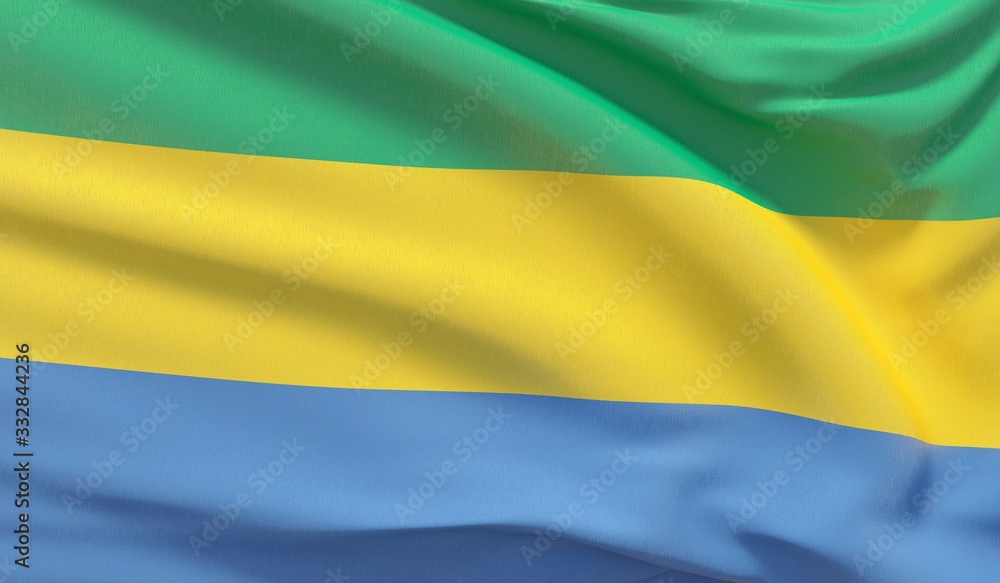Waving national flag of Gabon. Waved highly detailed close-up 3D render. Waving national flag of Gabon. Waved highly detailed close-up 3D render.