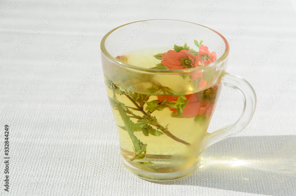 tea in cup with leaf mint and lemon isolated on white background tea in cup with leaf mint and lemon isolated on white background