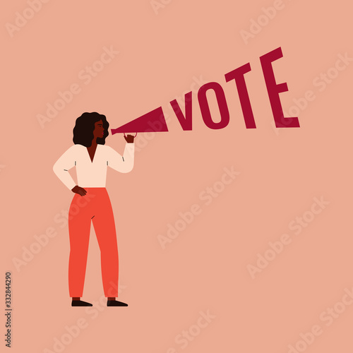 Strong black girl speaks into a megaphone. Woman activist is calling for votes. Voting, Election and suffrage women concept. Vector illustration