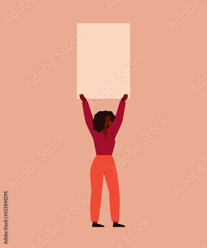 Young woman holds a blank placard above her head. Concept of protest and female's empowerment movement. Vector illustration