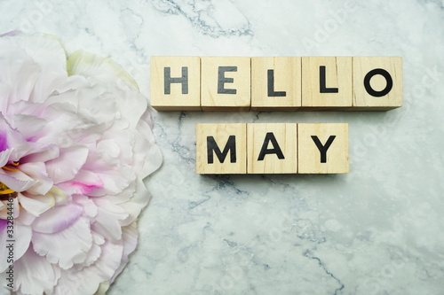 Hello May alphabet letters with pink flower decoration on marble background