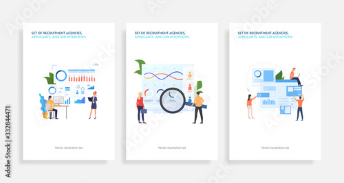 Set of recruitment agencies, applicants and job interviews. Flat vector illustrations of people studying candidates profiles. Hr, employment concept for banner, website design or landing web page