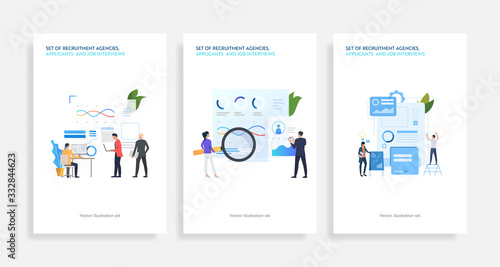 Set of recruitment agencies, applicants and job interviews. Flat vector illustrations of people studying candidates profiles. Hr, employment concept for banner, website design or landing web page
