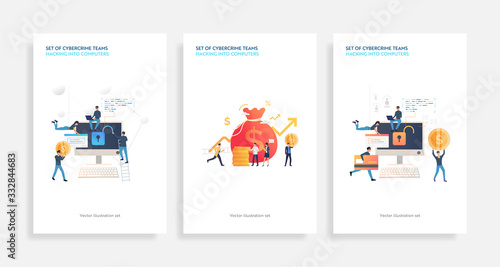 Set of cybercrime teams hacking into computers. Flat vector illustrations of hackers breaking private info. Hacker attack concept for banner, website design or landing web page