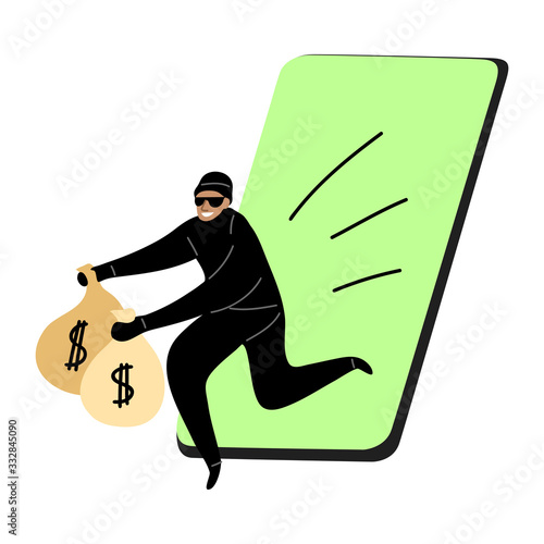 Cyber hackers thief stealing money from a smartphone wallet. Vector illustration in flat cartoon style.
