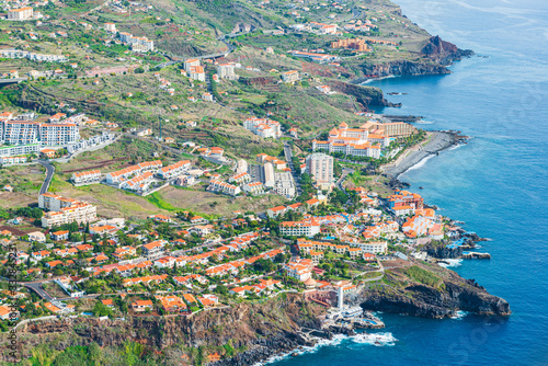 Aerial view of buildings and coastline of Madeira