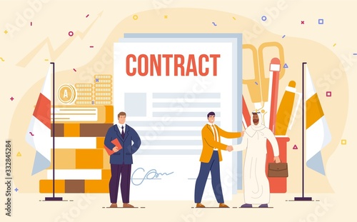 Business Partnership with Foreign Entrepreneur, International Company Investments, Contract with Arabian Partner Trendy Flat Vector Concept. Handshaking After Contract Signing Businessmen Illustration