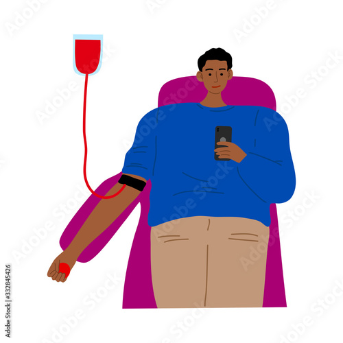 Blood donor and transfusion male character lying with donating bag. Vector illustration in flat cartoon style.