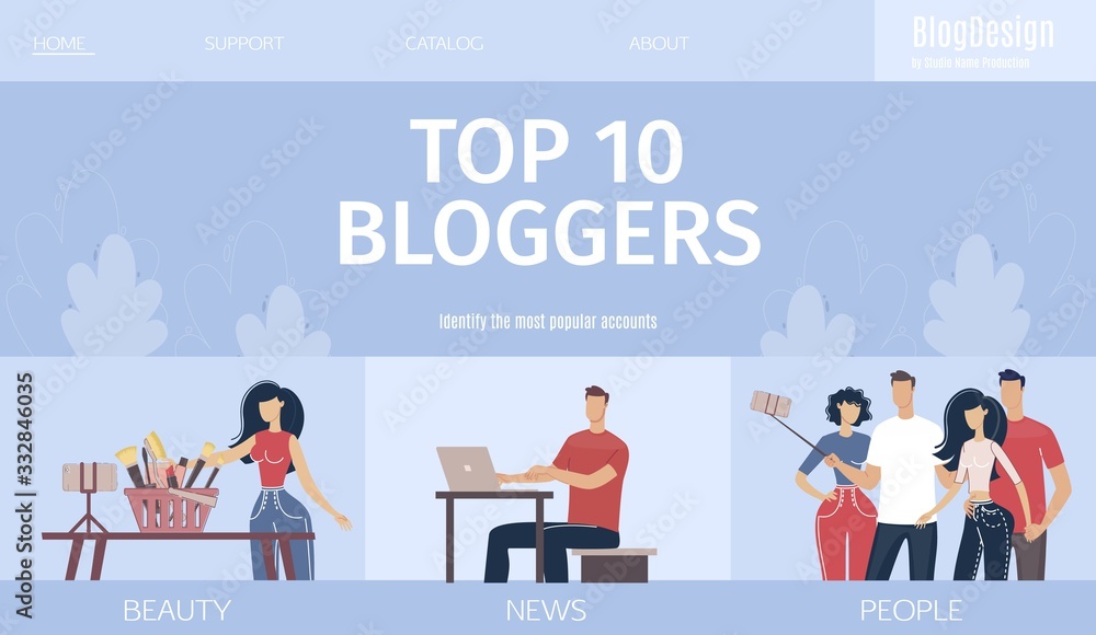 Top Popular Bloggers Accounts Identity online Service, Digital Marketing Business Analytics Company Web Banner, Landing Page Template. Beauty and News Blogger, Vloggers Trendy Flat Vector Illustration
