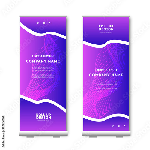 Purpple Roll Up template. Modern brochure or flyer, color vertical banner design with abstract digital wave, cover background. Vector, eps10