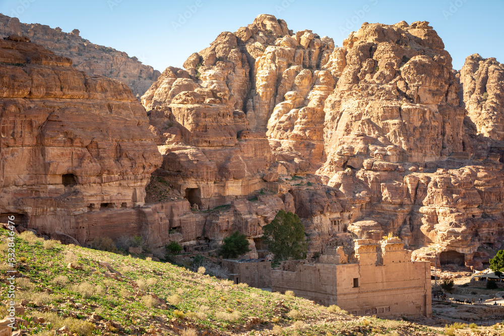 View on Petra Temple of Dushares and Bedouin caves and architecture in Jordan