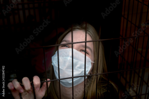 isolation of people. Young girl in surgical mask on face against virus disease. Health care concept.