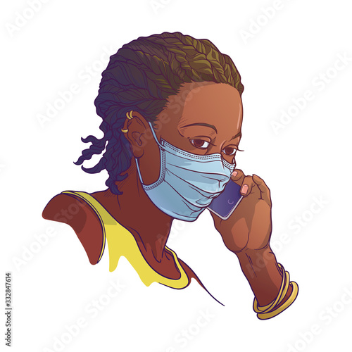 Black woman wearing medical protection face mask and speaking on the phone. Consider social distancing as a protectionagainst covid-19. Painted sketch, isolated on a white background. EPS10 vector.