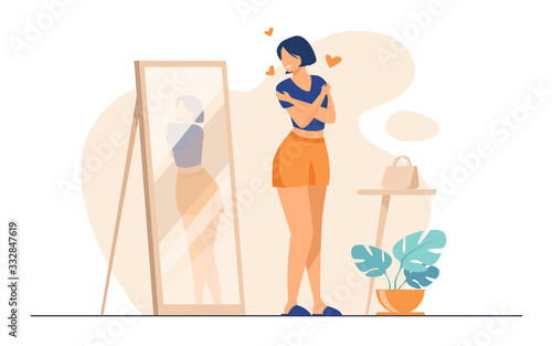 Narcissist lady standing at mirror and looking at reflection of her back. Young woman trying shirt on, hugging herself. Vector illustration for self love, self-esteem, female behavior concept
