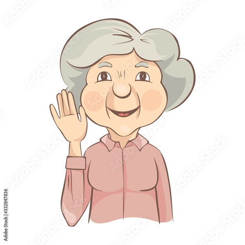 Grandma waves her hand. Elderly woman greets us holding up a hand, vector illustration.