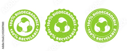 100 persent biodegradable recycle stamp. Vector reusable plastic bio package logo icon set. Eco sign
