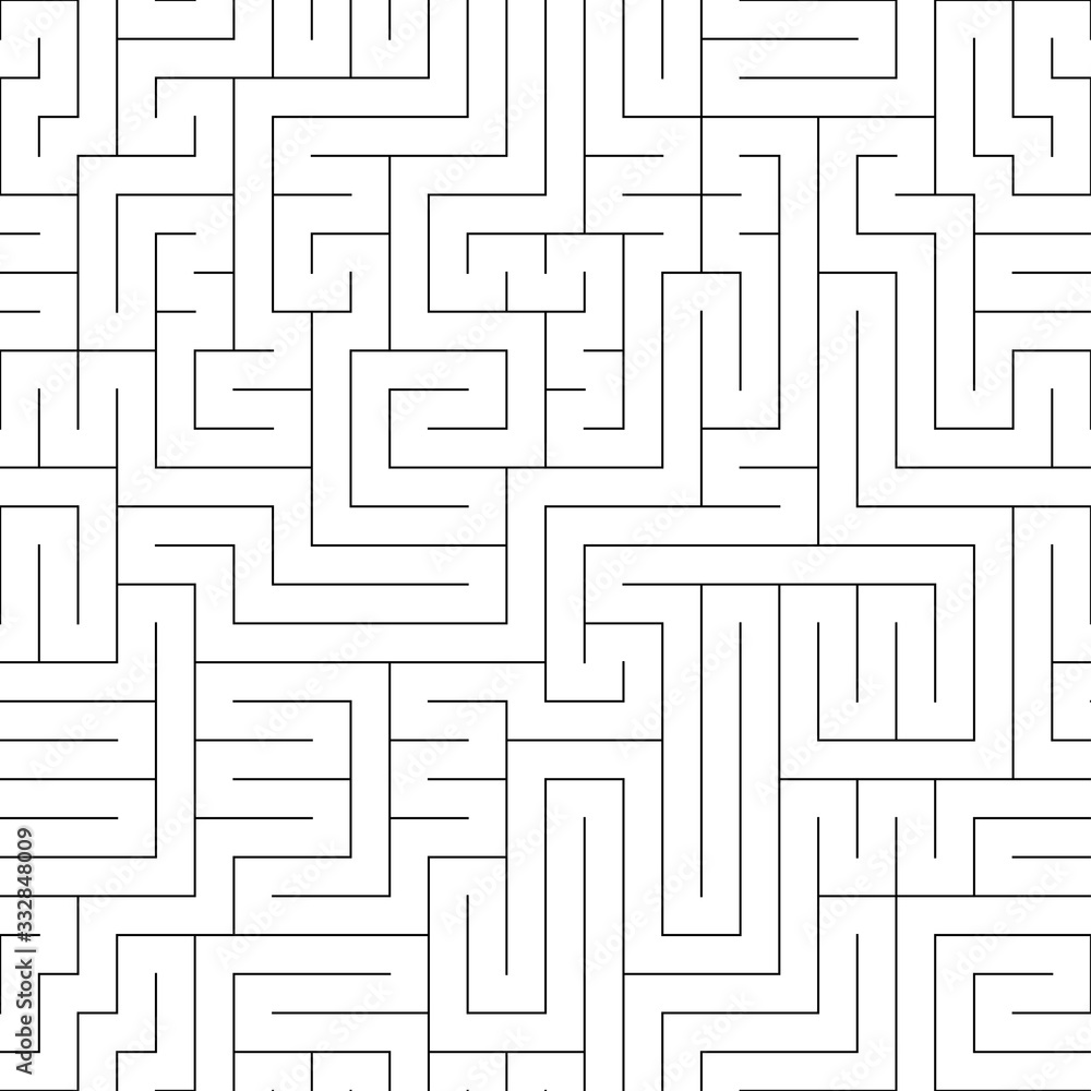 Black and white maze seamless pattern. A big challenge game. Linear square ornament. Print for textiles, packaging. Vector illustration.