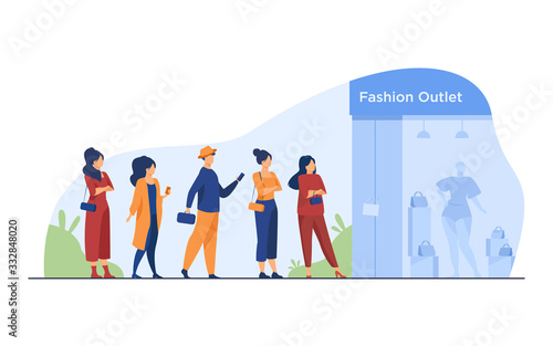 Queue of customers standing for sale at boutique window. People waiting for outlet opening at shop entrance. Vector illustration for fashion store, consumerism, special offer event concept