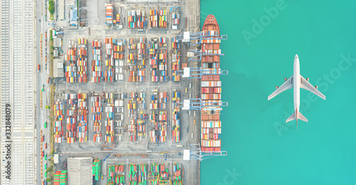 Air Transportation and transit of Container ships loading and unloading in Hutchison Ports, Business logistic import-export transport sea freight 