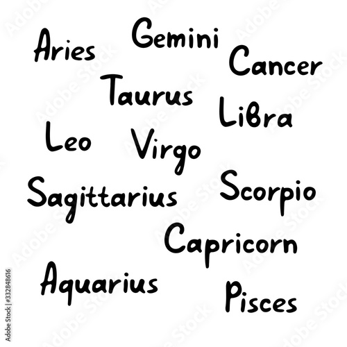 Names of the zodiac signs. Set of hand drawn horoscope inscriptions