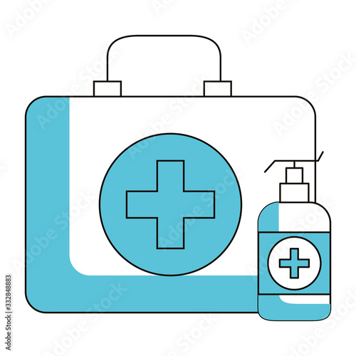 antibacterial soap bottle with first aid kit vector illustration design