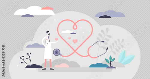 Health care vector illustration. Cardiology doctors tiny persons concept.