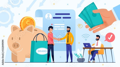 Brand Development by Means of Money Investment and Trust Partnership. Agreement and Dealership. Business Partner Handshaking, Executive Manager Make Note on Laptop. Huge Human Hand with Cash