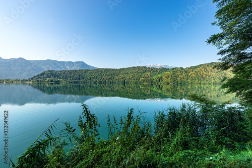 Lago di Levico, small beautiful lake in Italian Alps, Levico Terme town, Trento province, Trentino Alto Adige, Italy, Europe