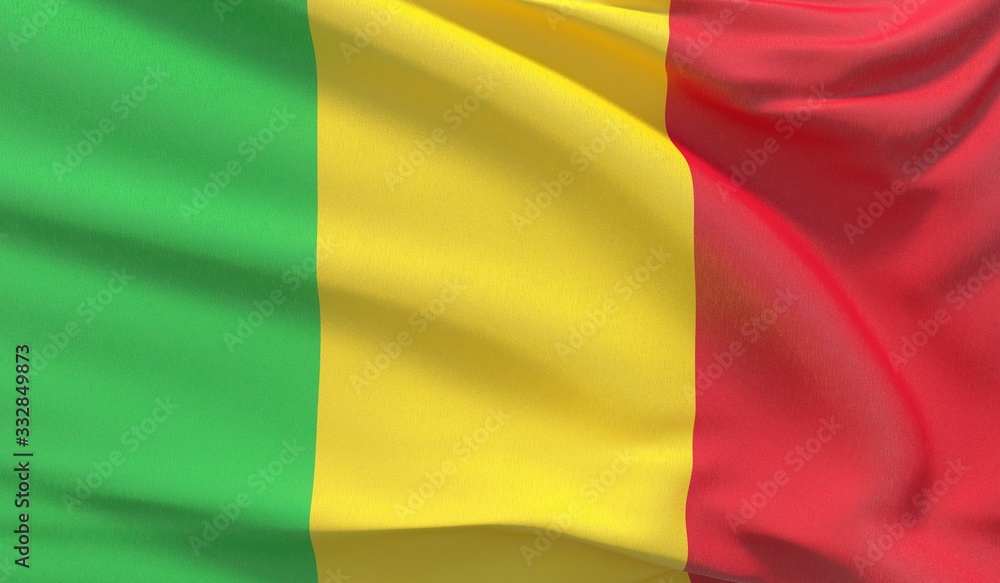 Waving national flag of Mali. Waved highly detailed close-up 3D render. Waving national flag of Mali. Waved highly detailed close-up 3D render.