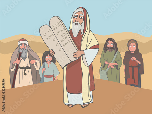 Moses the prophet with Stone Tablets and ancient jewish people