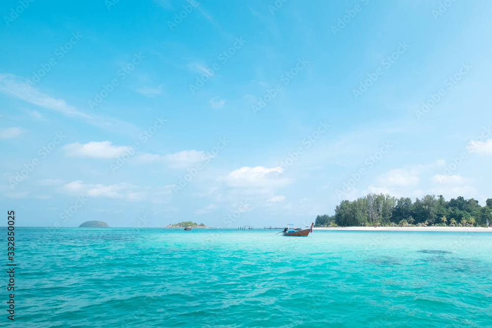 Beautiful white sandy beach in the summer time concept travel, holiday and vacation. Tropical paradise beach nature landscape at Lipe island in Thailand.