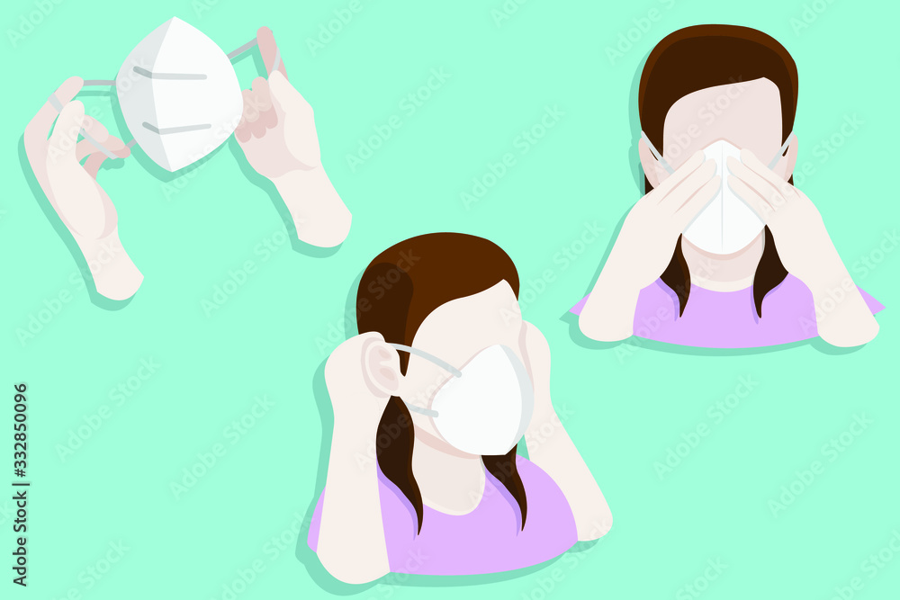 Minimal 2d shaded woman instructing how to wear a mask properly in ...