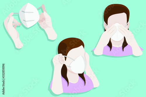Minimal 2d shaded woman instructing how to wear a mask properly in sequential three steps