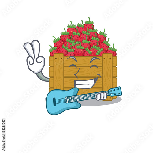Supper cool strawberry fruit box cartoon playing a guitar