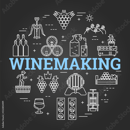 Vector black linear round concept of winemaking