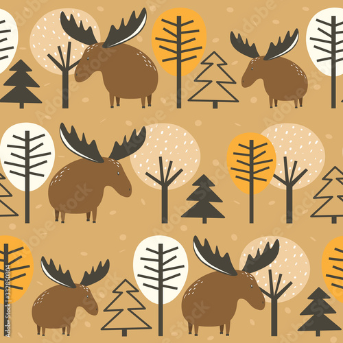 Deers  trees and fir trees  hand drawn backdrop. Colorful seamless pattern with animals  forest. Decorative cute wallpaper  good for printing. Overlapping background vector. Design illustration