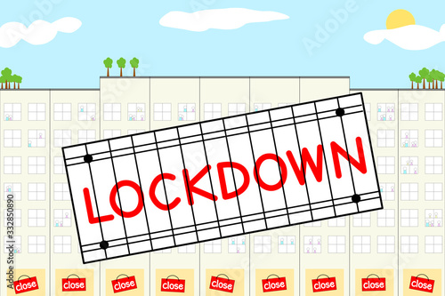 Vector - Wording "LOCKDOWN" home and business. Warning for outbreak Covid-19. Everything is stop. Self quarantine at home.