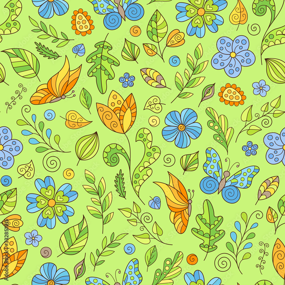 Cartoon Spring Seamless Pattern of Doodles Flowers and Butterflies on Light Green Backdrop.