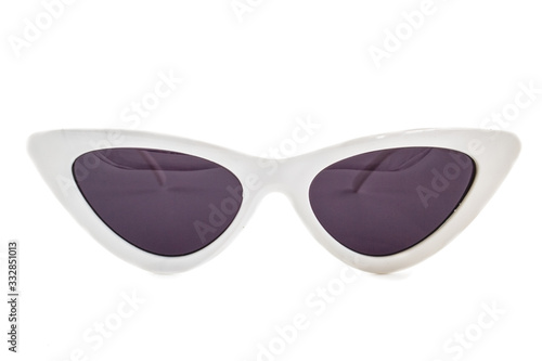 White cat eye sunglasses with triangle shape and black glass isolated on white background - Front View