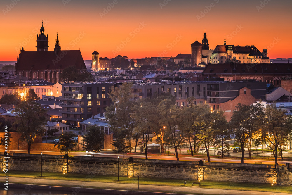 Obraz premium View to Cracow Old town in blue hour in autumn time. Cracow, Poland, october 14.2019