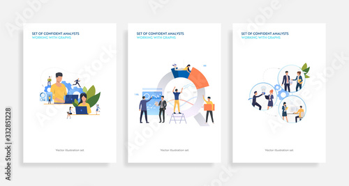 Set of confident analysts working with graphs. Flat vector illustrations of development, optimization, teamwork. Finance concept for banner, website design or landing web page