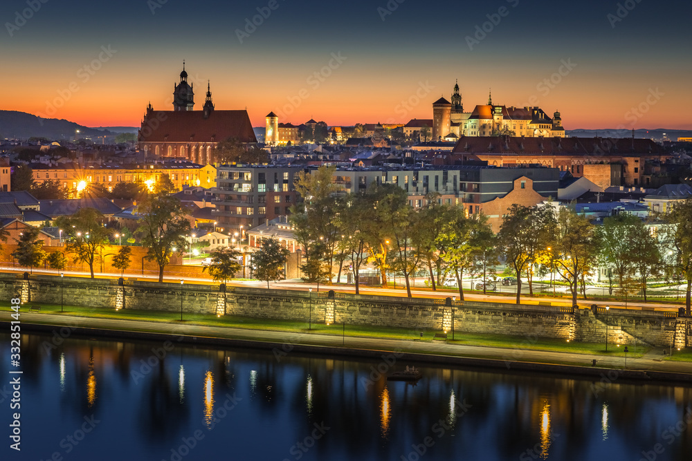 View to Cracow Old town in blue hour in autumn time. Cracow, Poland, october 14.2019