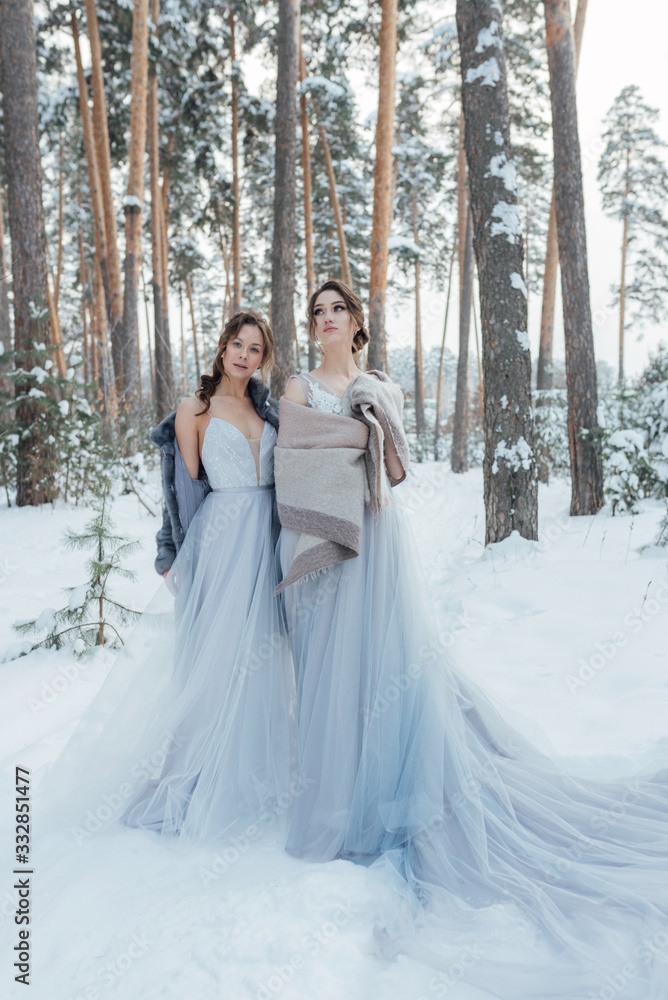 a beautiful girl in a wedding dress stands in a winter pine forest