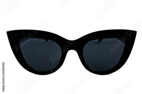 Black cat eye sunglasses with thick frame and gradient window isolated on white background, front view