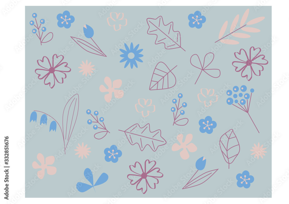 Spring flowers and leaves on a gray background Spring flowers and leaves on a gray background