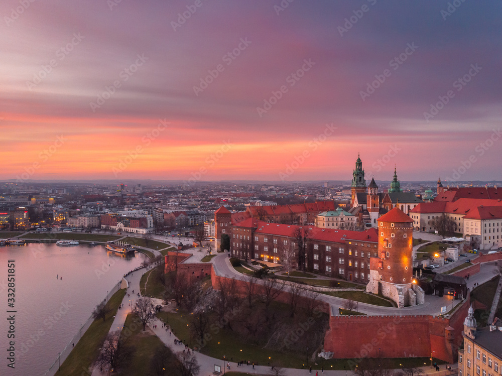 Aerial view of the Wawel Castle in Cracow in sunset time